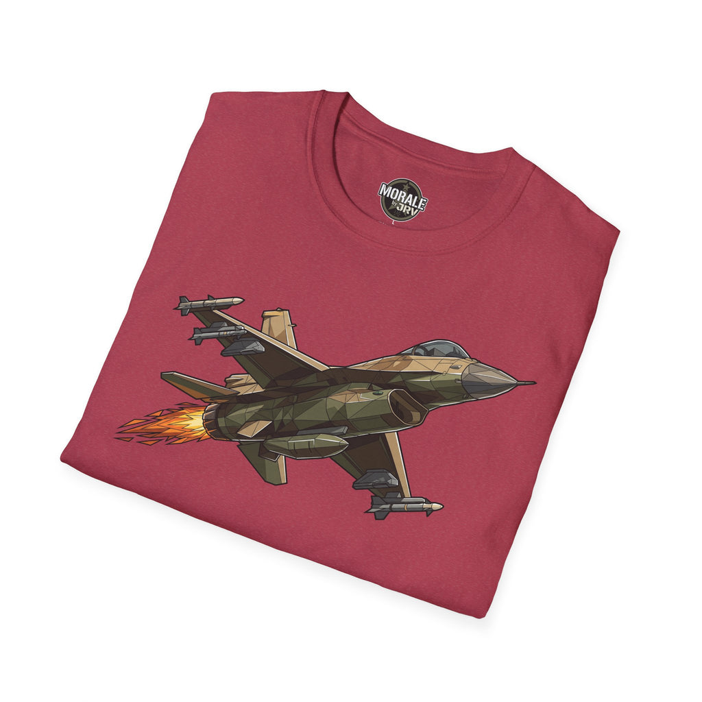 Fighter jet T-shirt in dark red with camo aircraft graphic and flame trail