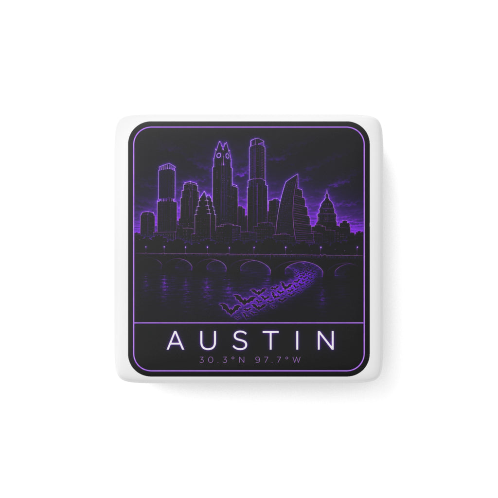 Austin skyline neon square porcelain magnet, purple cityscape with “AUSTIN” text