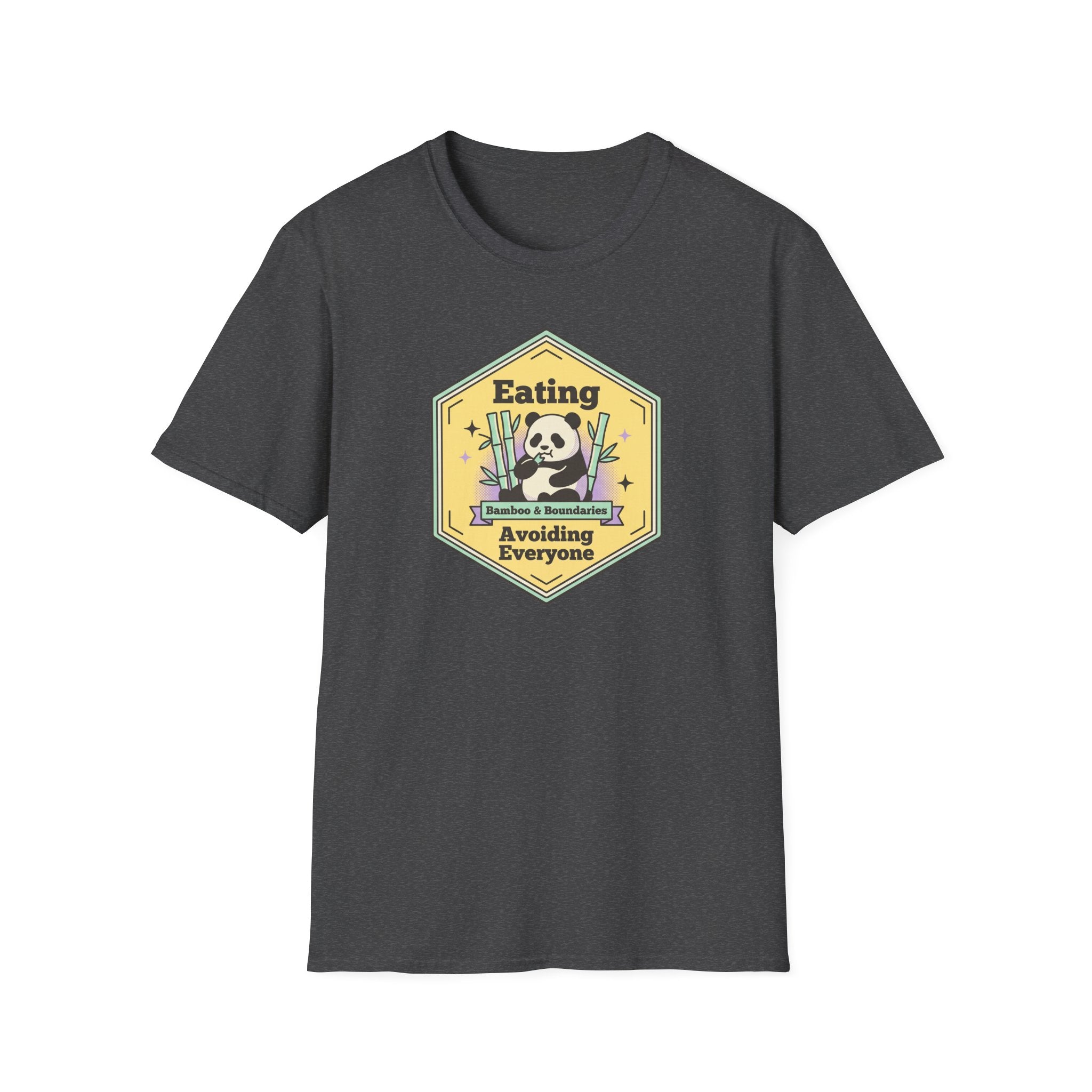 Unisex softstyle T-shirt, dark gray front with skull cartoon graphic