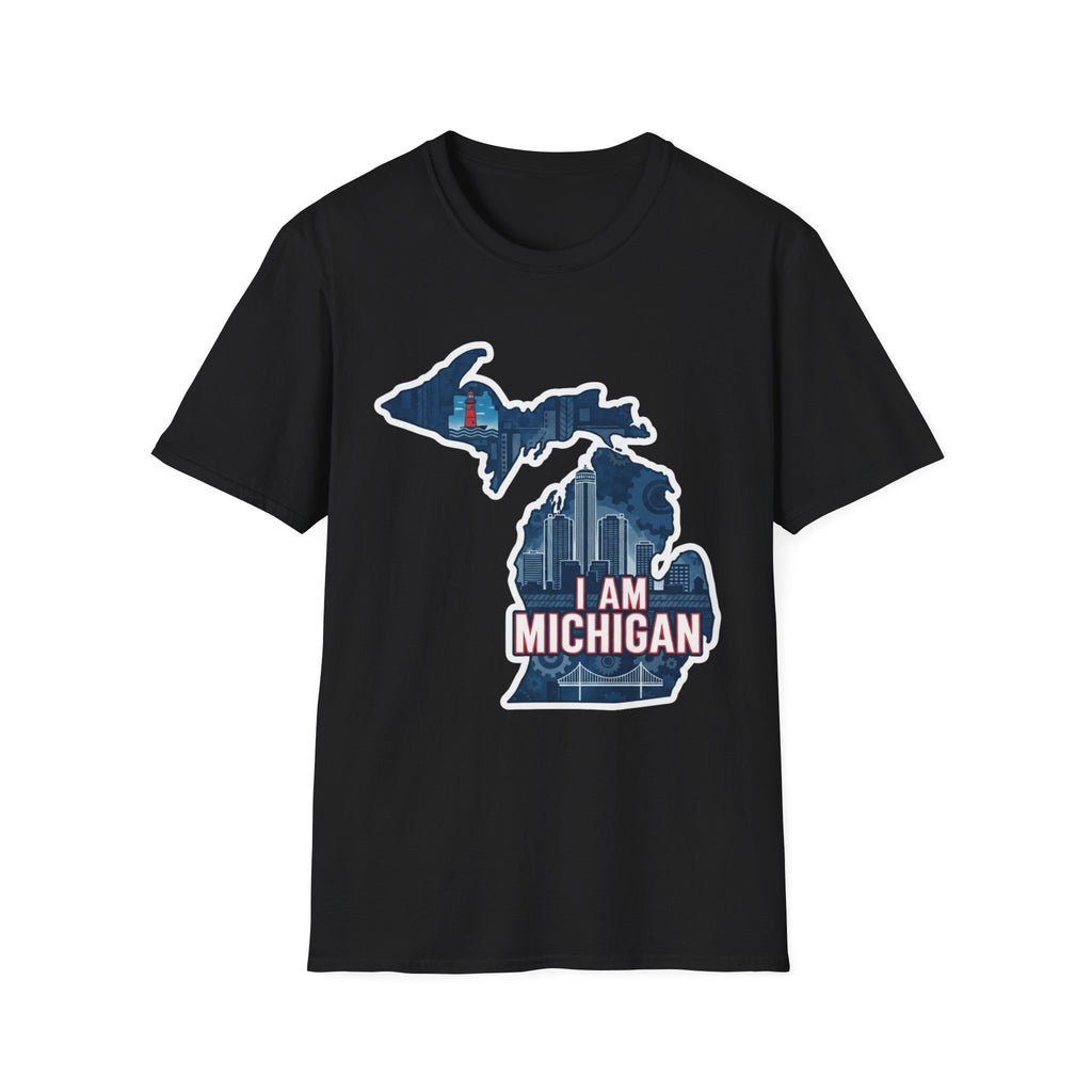 I Am Michigan T-shirt, black crew neck with Michigan map skyline graphic