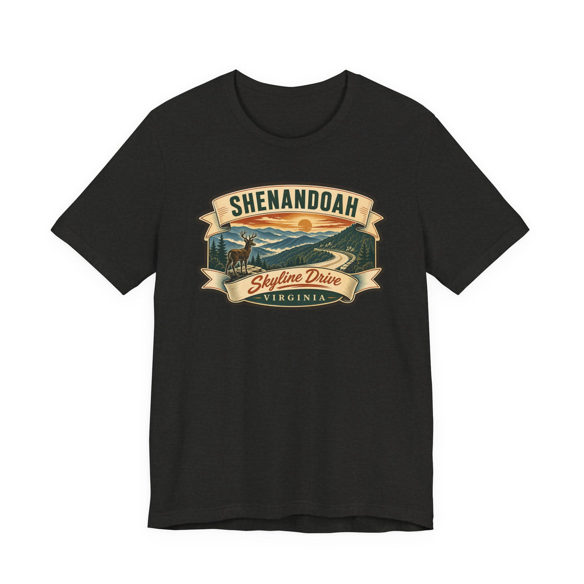 Black crewneck T-shirt with vintage Skyline Drive Virginia badge graphic