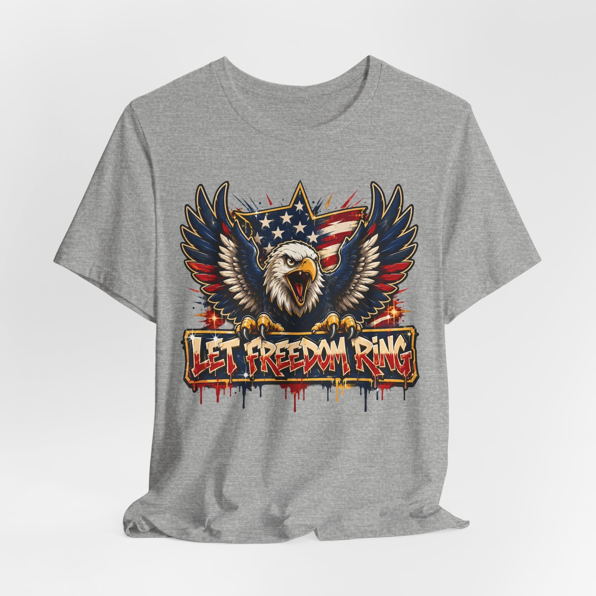 Heather gray graphic T-shirt with bald eagle wings and banner reading LET FREEDOM RING