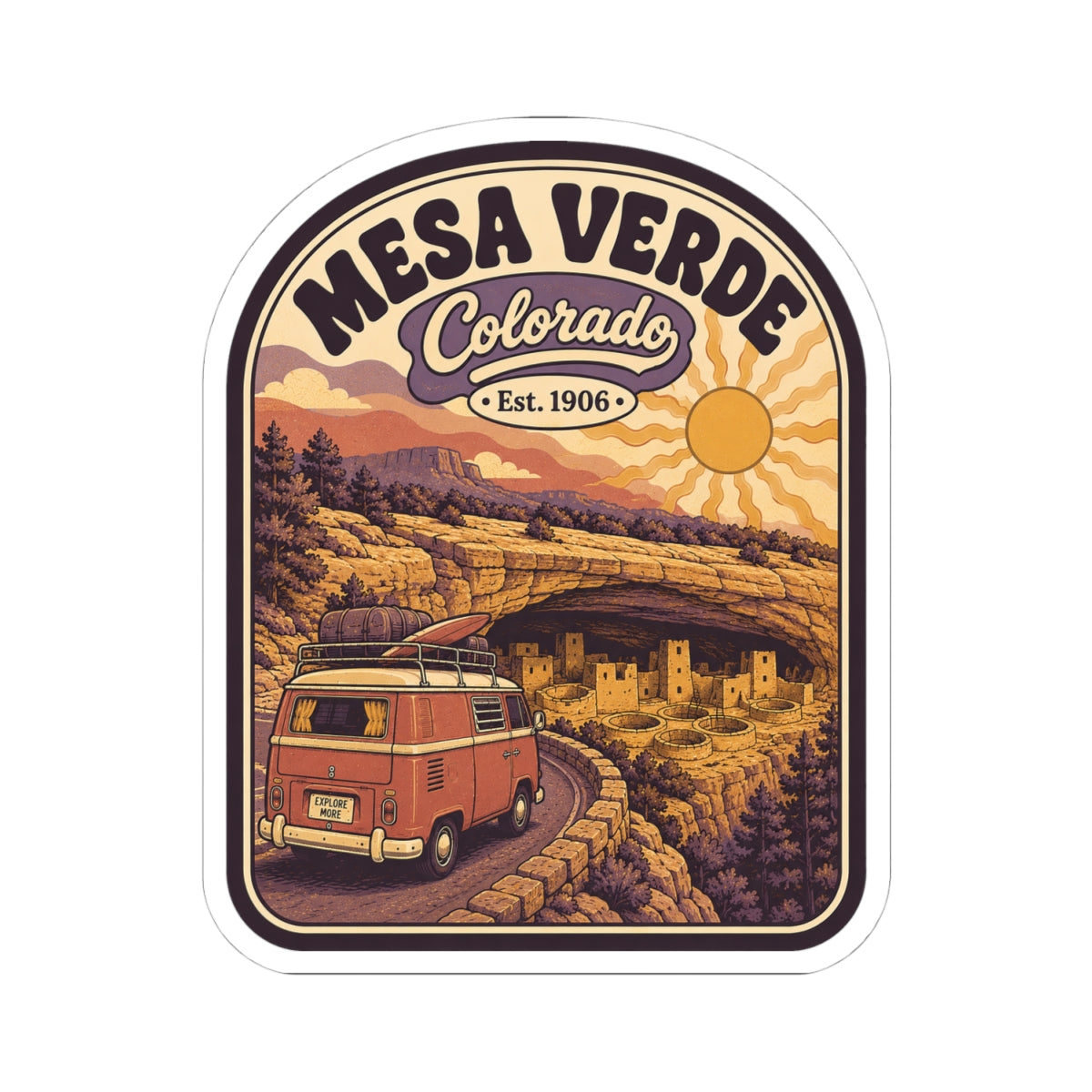 Rounded sticker showing Mesa Verde Colorado arch badge, red camper van, desert rocks