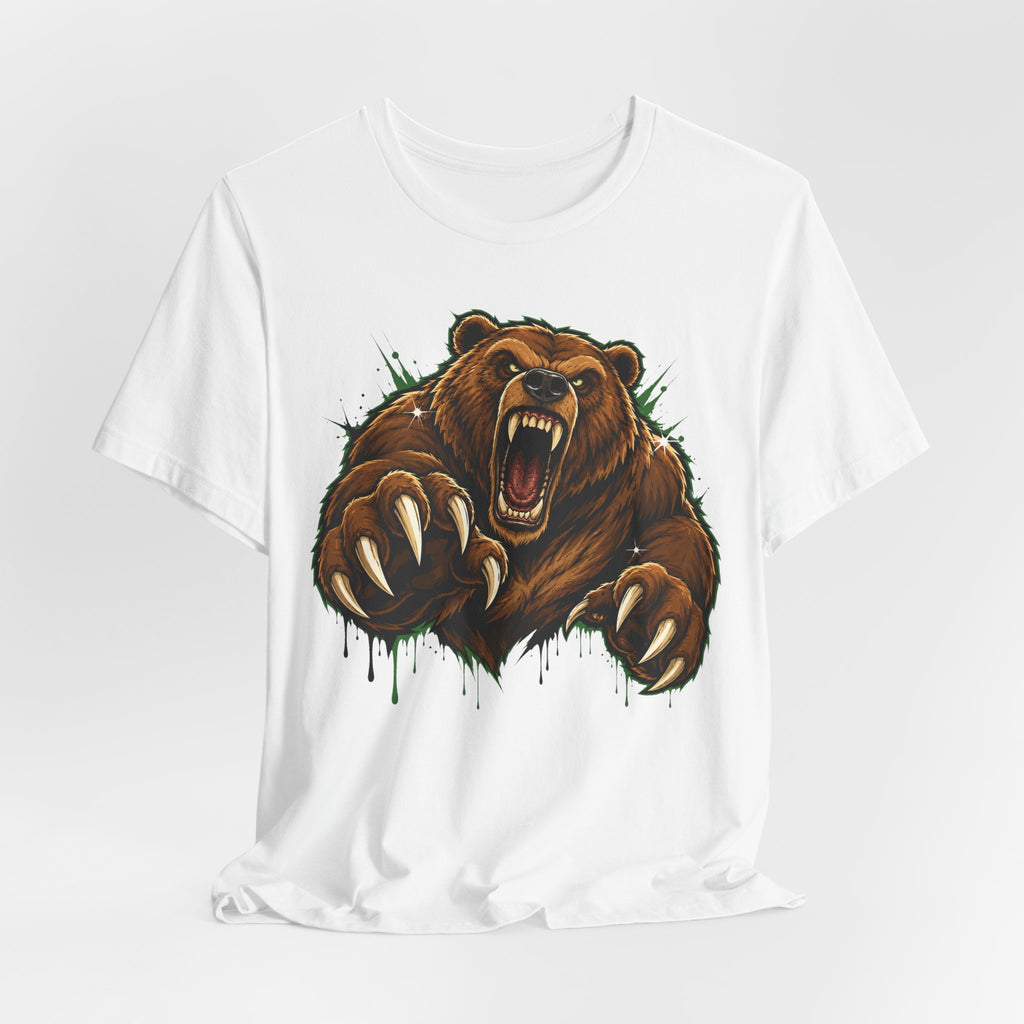 White unisex tee with roaring grizzly bear graphic and dripping ink