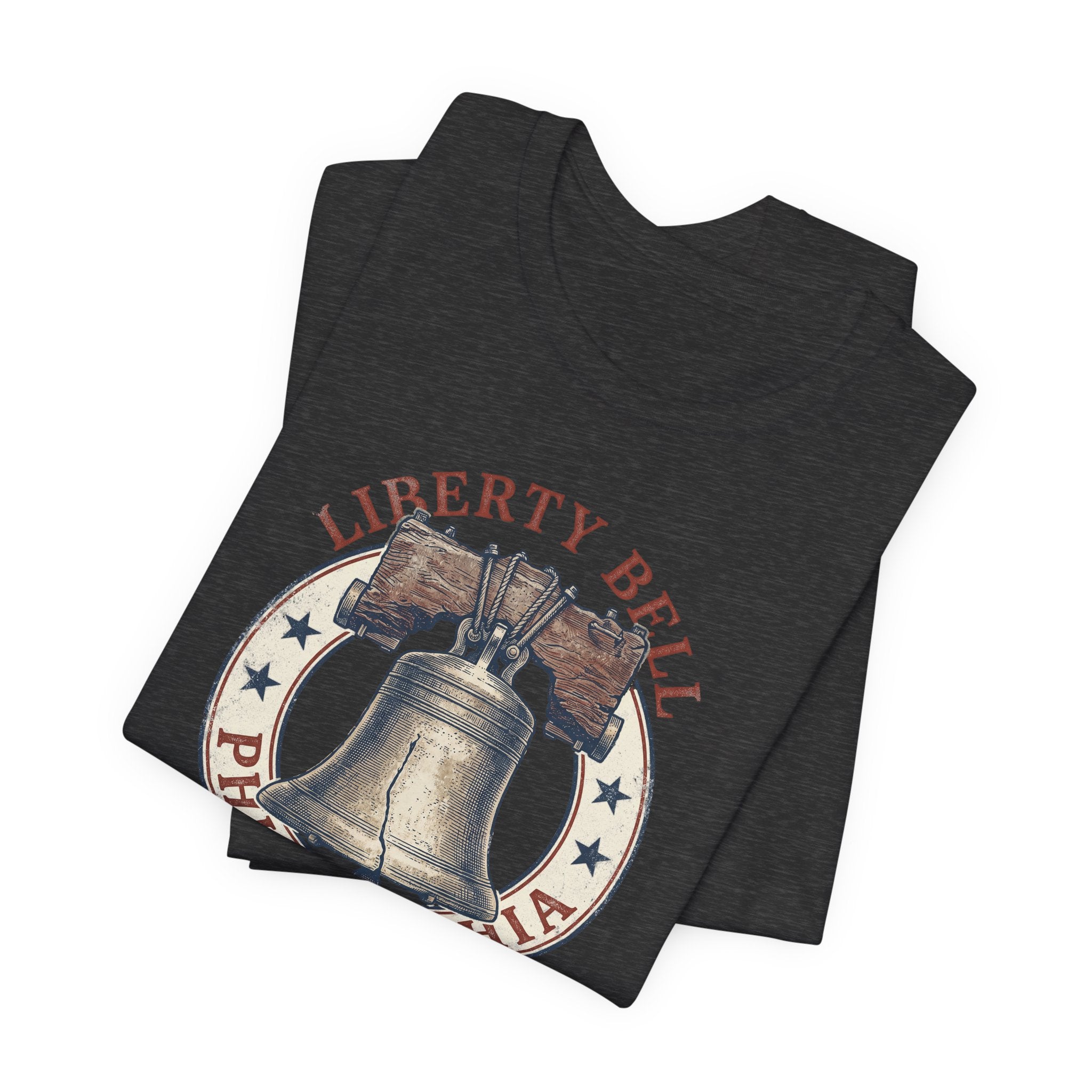 Dark heather T-shirt with Liberty Bell Philadelphia chest graphic.