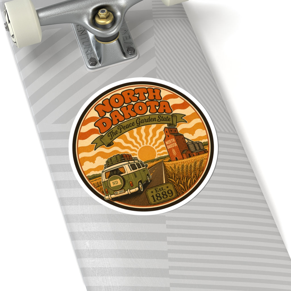 Round kiss-cut North Dakota sticker with retro truck, granary buildings and Est. 1889