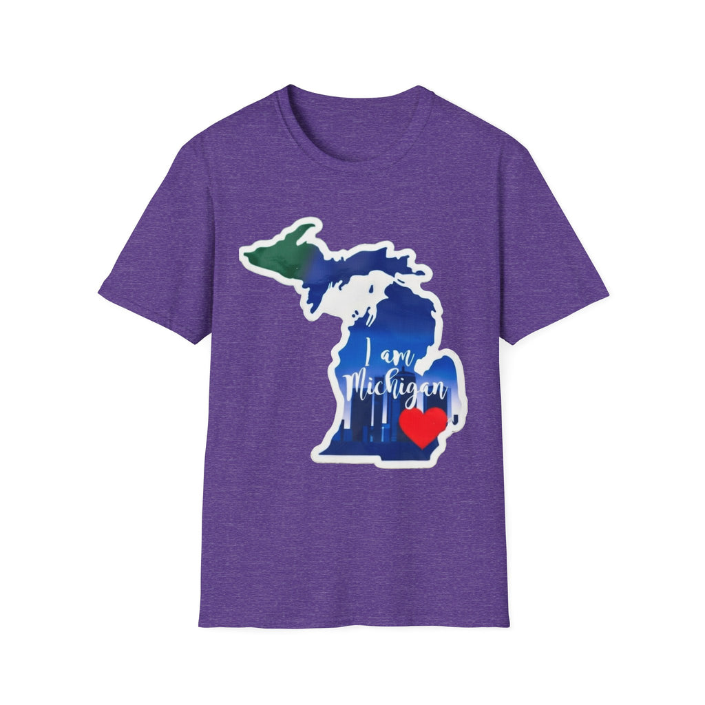 Purple T-shirt with Michigan map and red heart print on the chest