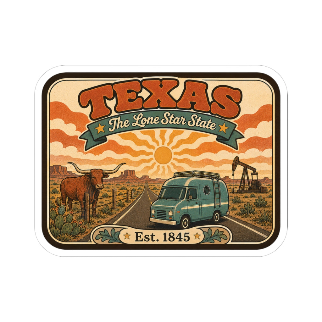 Texas travel sticker: retro van, Lone Star State banner, Est. 1845 text