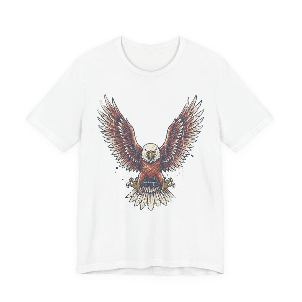 White crew-neck t-shirt with colorful soaring bald eagle graphic on chest