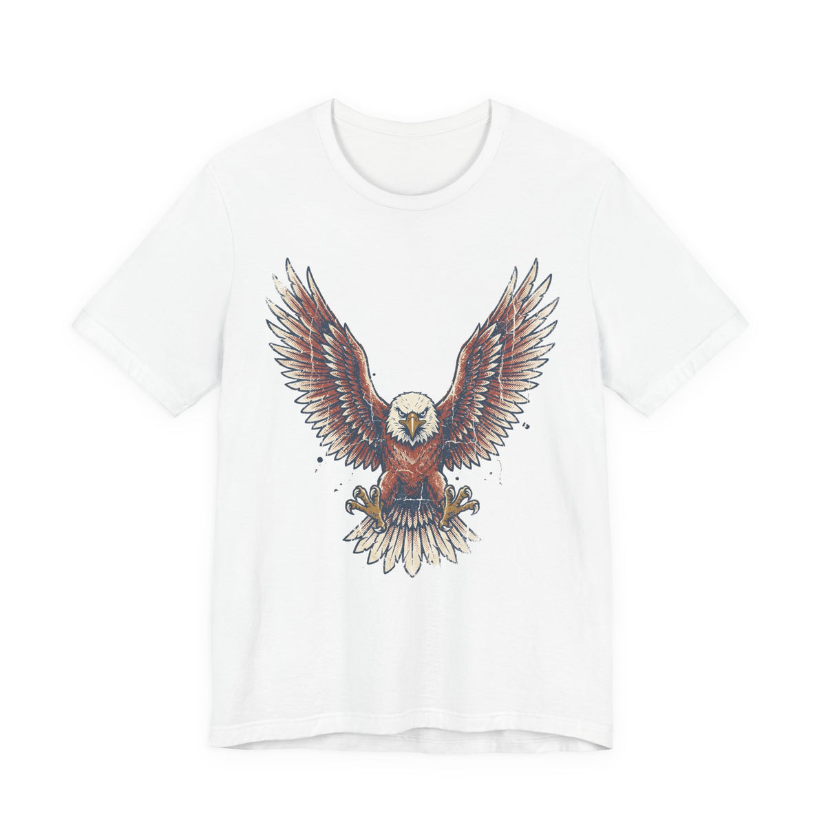 White crew-neck t-shirt with colorful soaring bald eagle graphic on chest