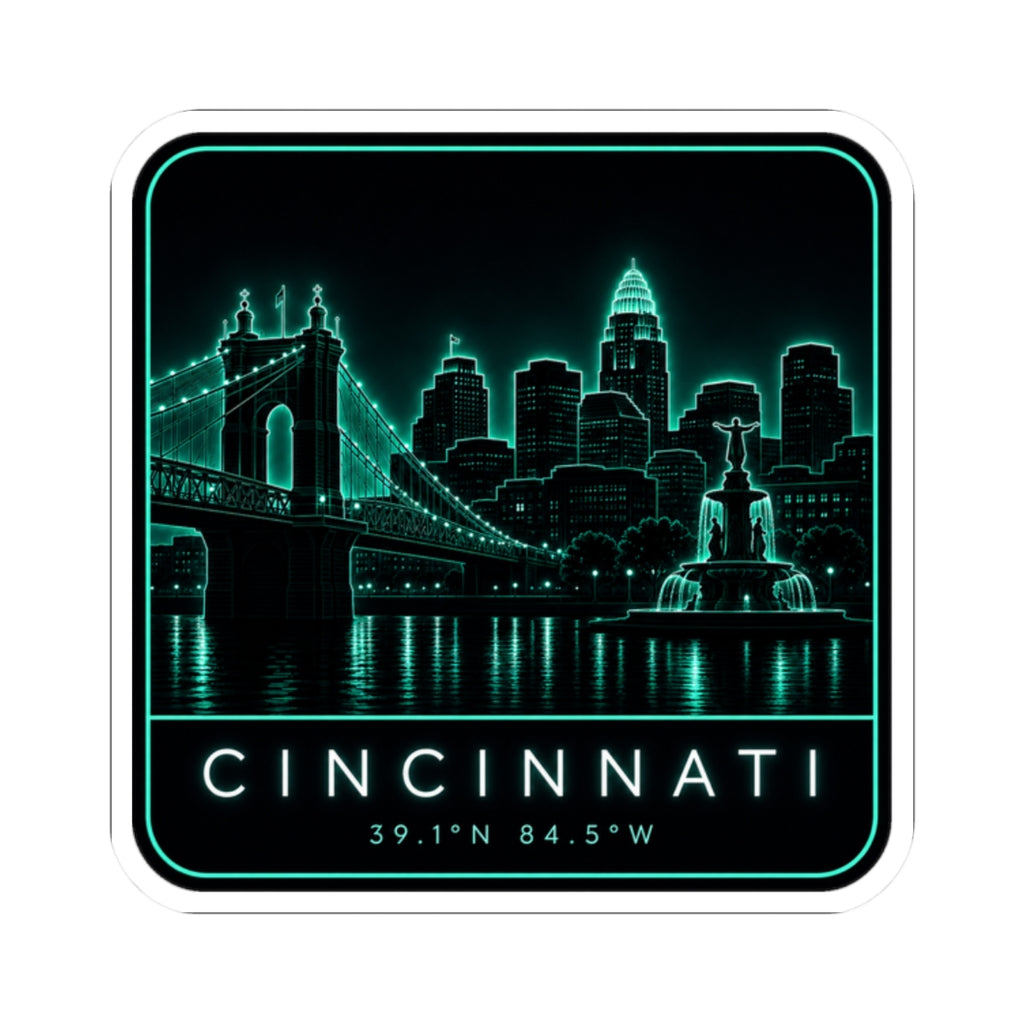 Rounded-square neon skyline vinyl sticker with CINCINNATI lettering and teal glow border