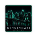 Rounded-square neon skyline vinyl sticker with CINCINNATI lettering and teal glow border