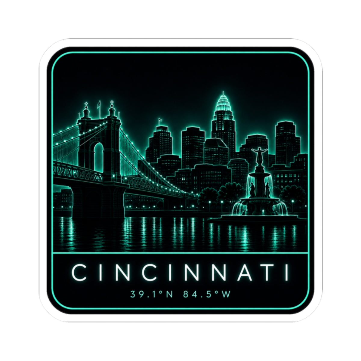 Rounded-square neon skyline vinyl sticker with CINCINNATI lettering and teal glow border