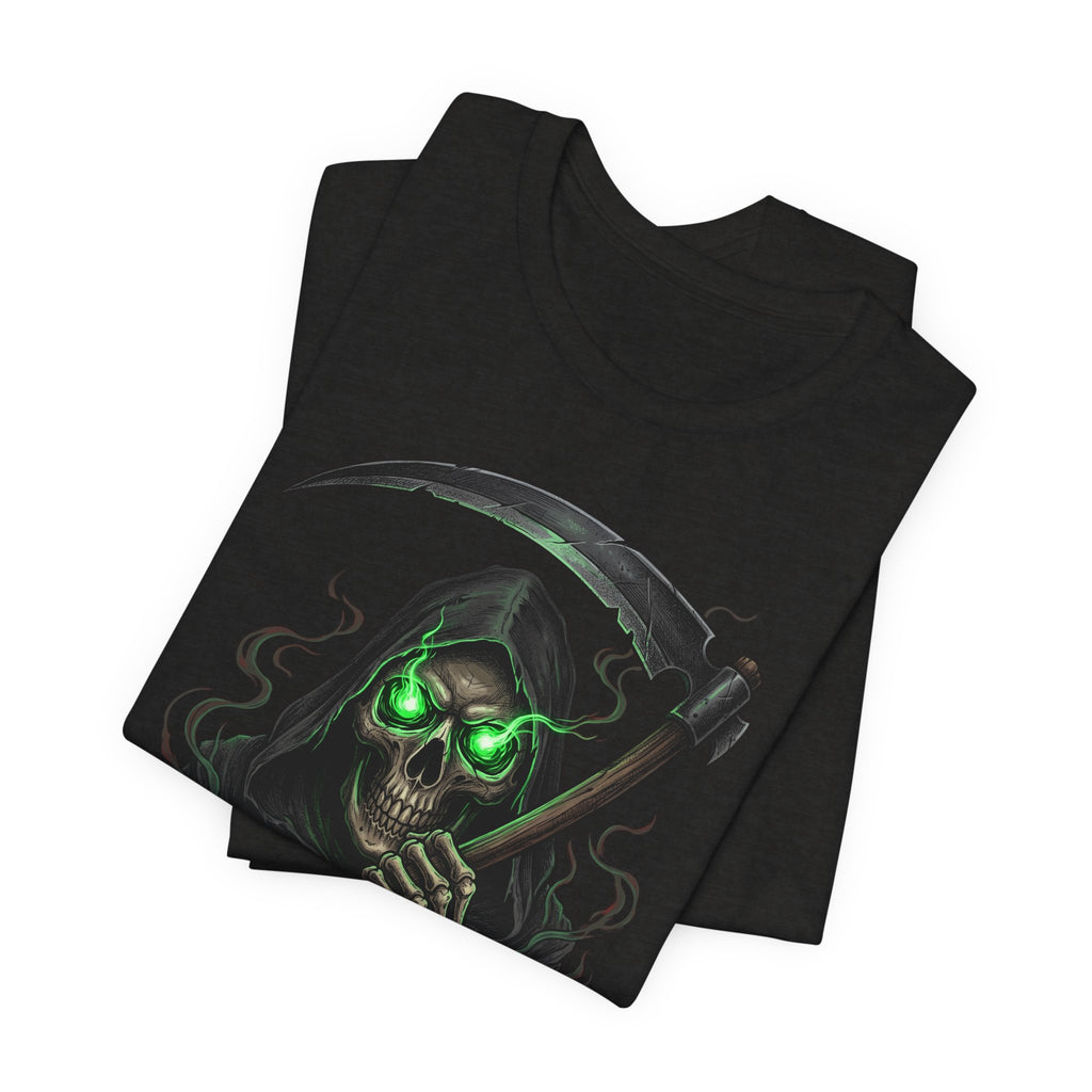 Black unisex t-shirt with green-glow skull and scythe graphic