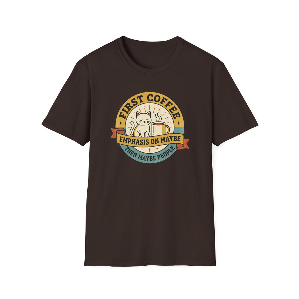 Dark brown T-shirt with circular cat coffee slogan graphic