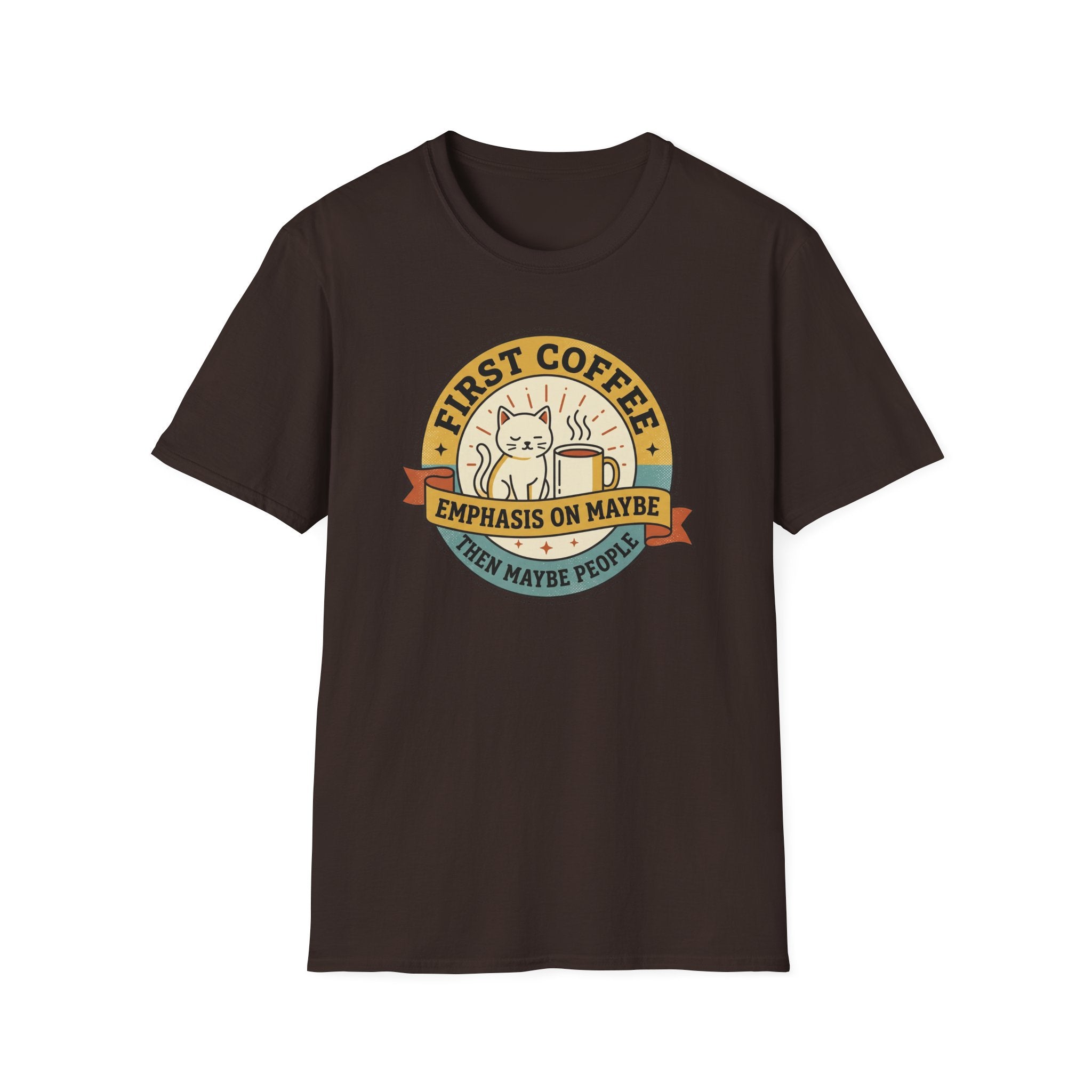 Dark brown T-shirt with circular cat coffee slogan graphic
