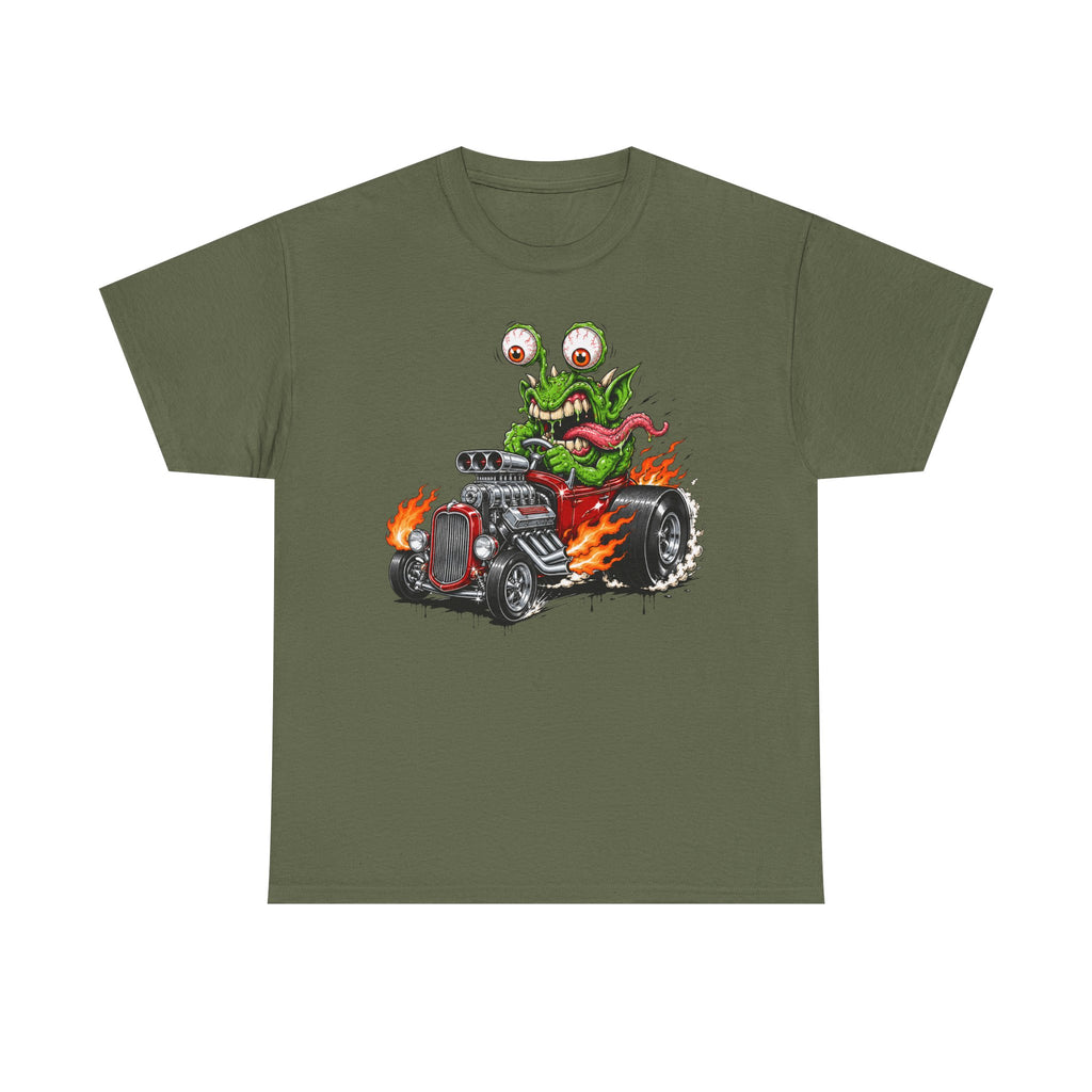 Olive crew-neck hot rod tee with wild-eyed monster on car graphic, short sleeves