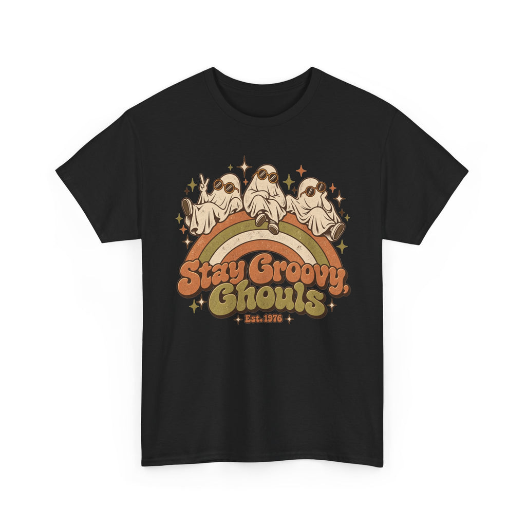 Stay Groovy Ghouls T-Shirt, Retro Rainbow Ghosts in Sunglasses Halloween Shirt for Women and Men, Cute 70s Spooky Tee