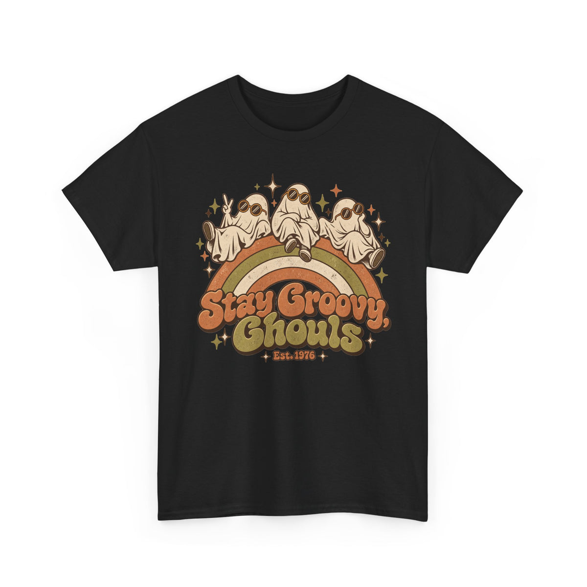 Stay Groovy Ghouls T-Shirt, Retro Rainbow Ghosts in Sunglasses Halloween Shirt for Women and Men, Cute 70s Spooky Tee