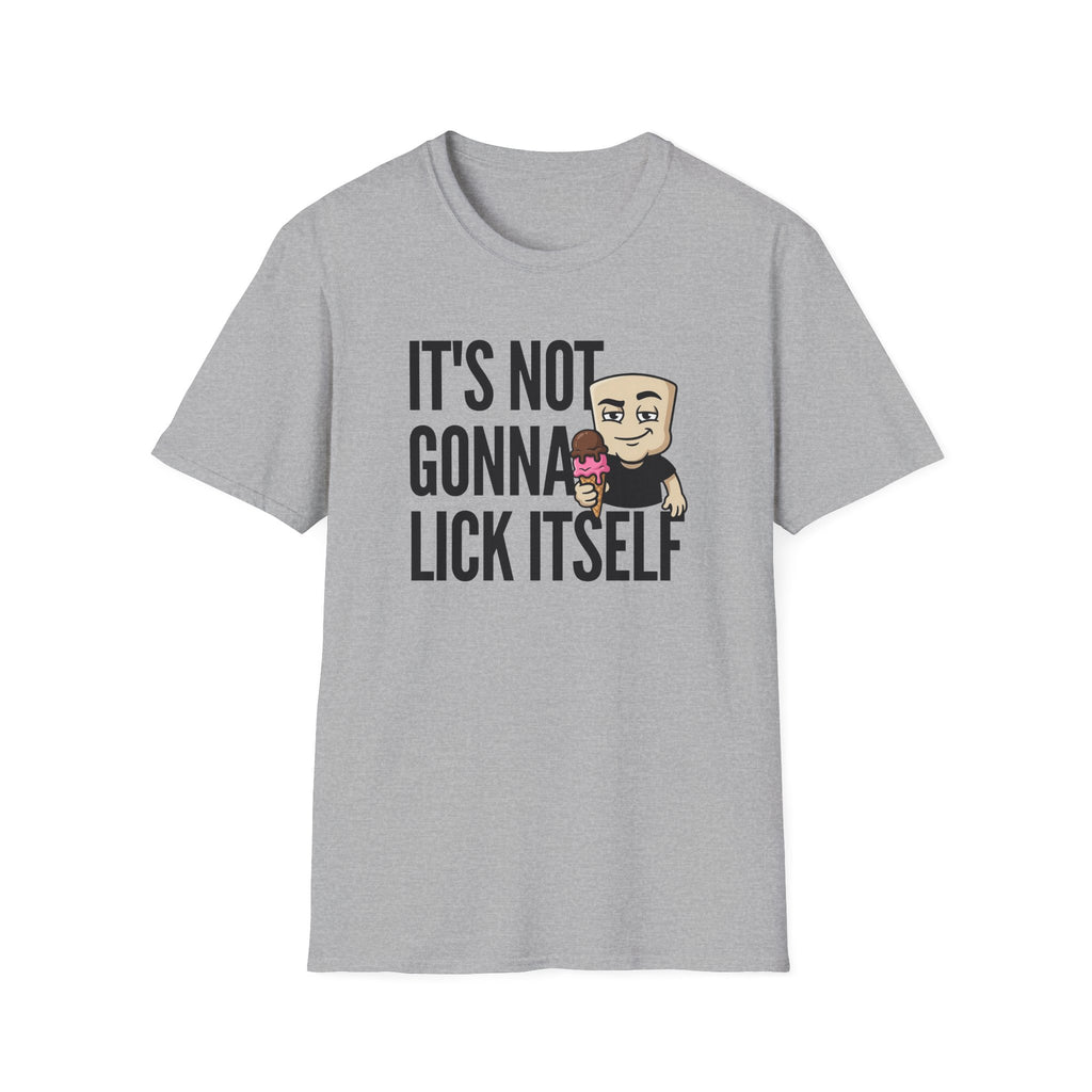 Heather gray graphic T-shirt with humorous text and cartoon character