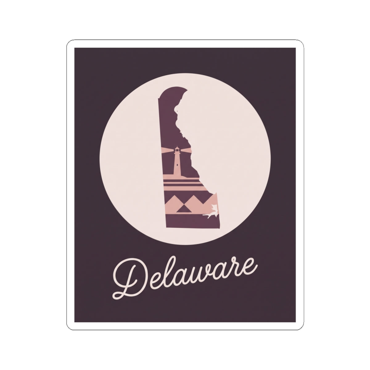 Delaware silhouette vinyl sticker, mauve lighthouse graphic with 'Delaware' script on purple