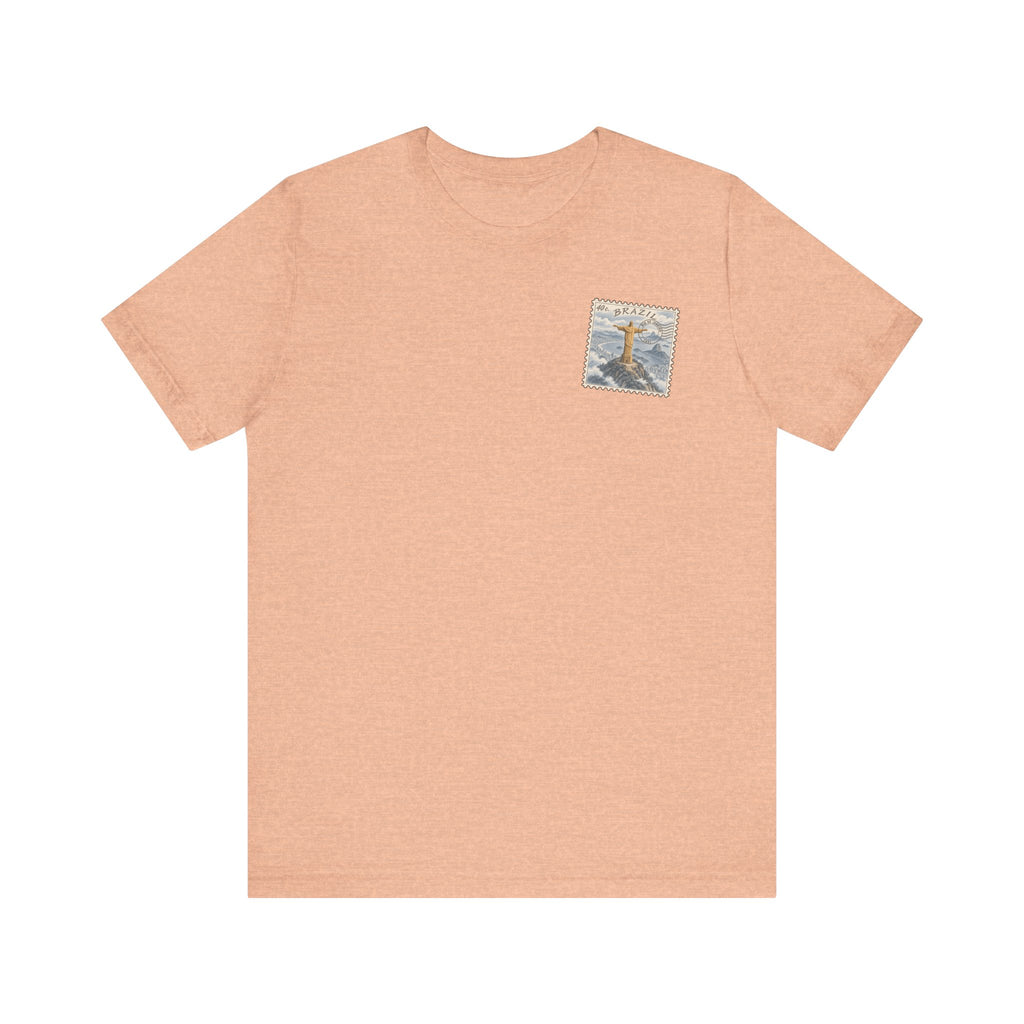 Heather peach T-shirt with small square Christ illustration on the chest