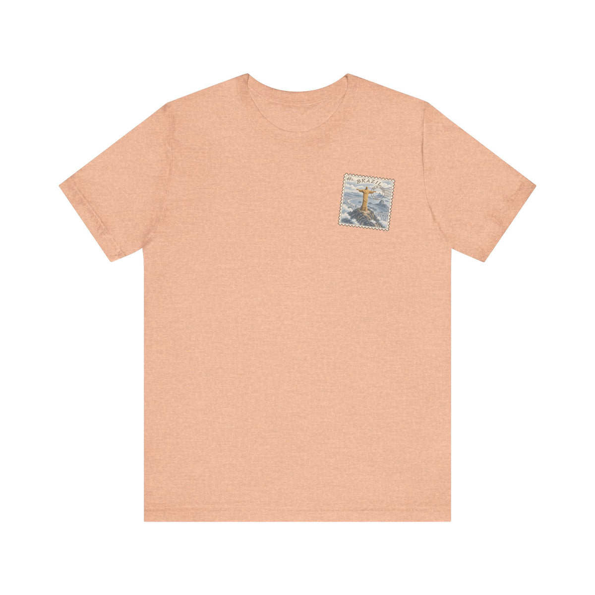 Heather peach T-shirt with small square Christ illustration on the chest