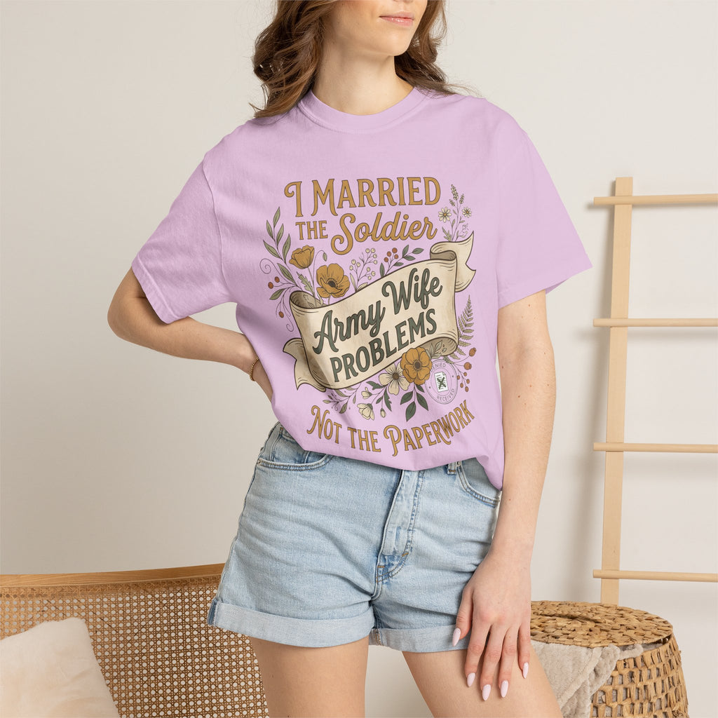 Lavender crew-neck T-shirt with front quote graphic