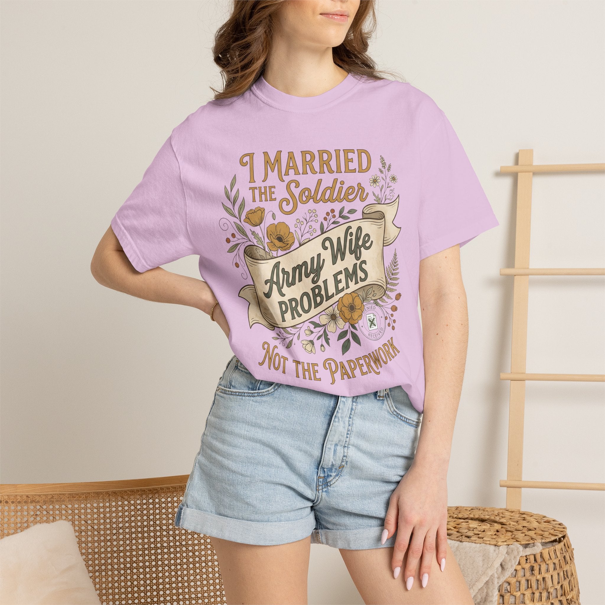 Lavender crew-neck T-shirt with front quote graphic