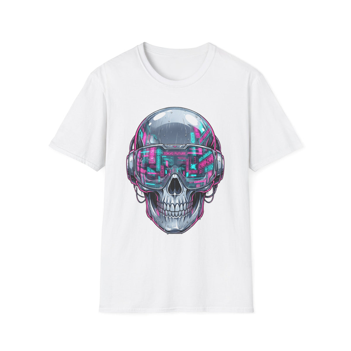 White t-shirt with neon cyber skull visor graphic on the front, centered