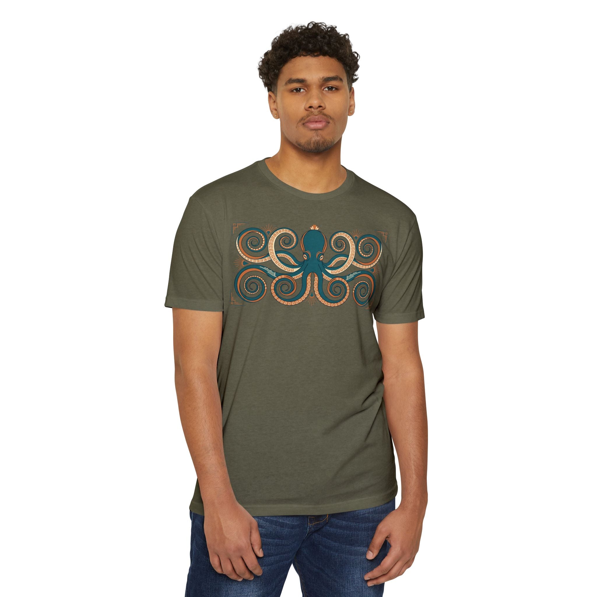 Octopus graphic T-shirt, dark olive green, short-sleeve crew neck, octopus swirl front