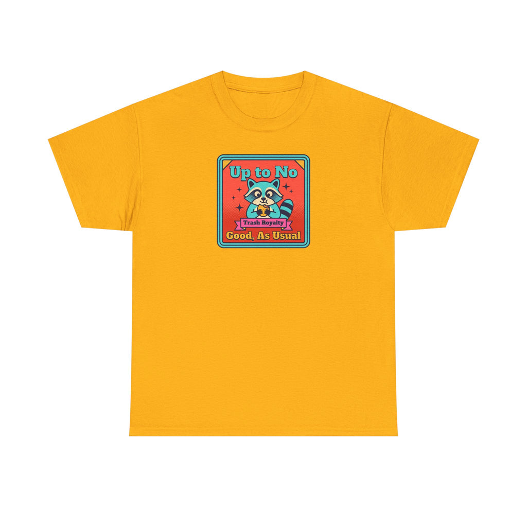 Orange T-shirt with small square raccoon graphic text “Up to No Good, As Usual”