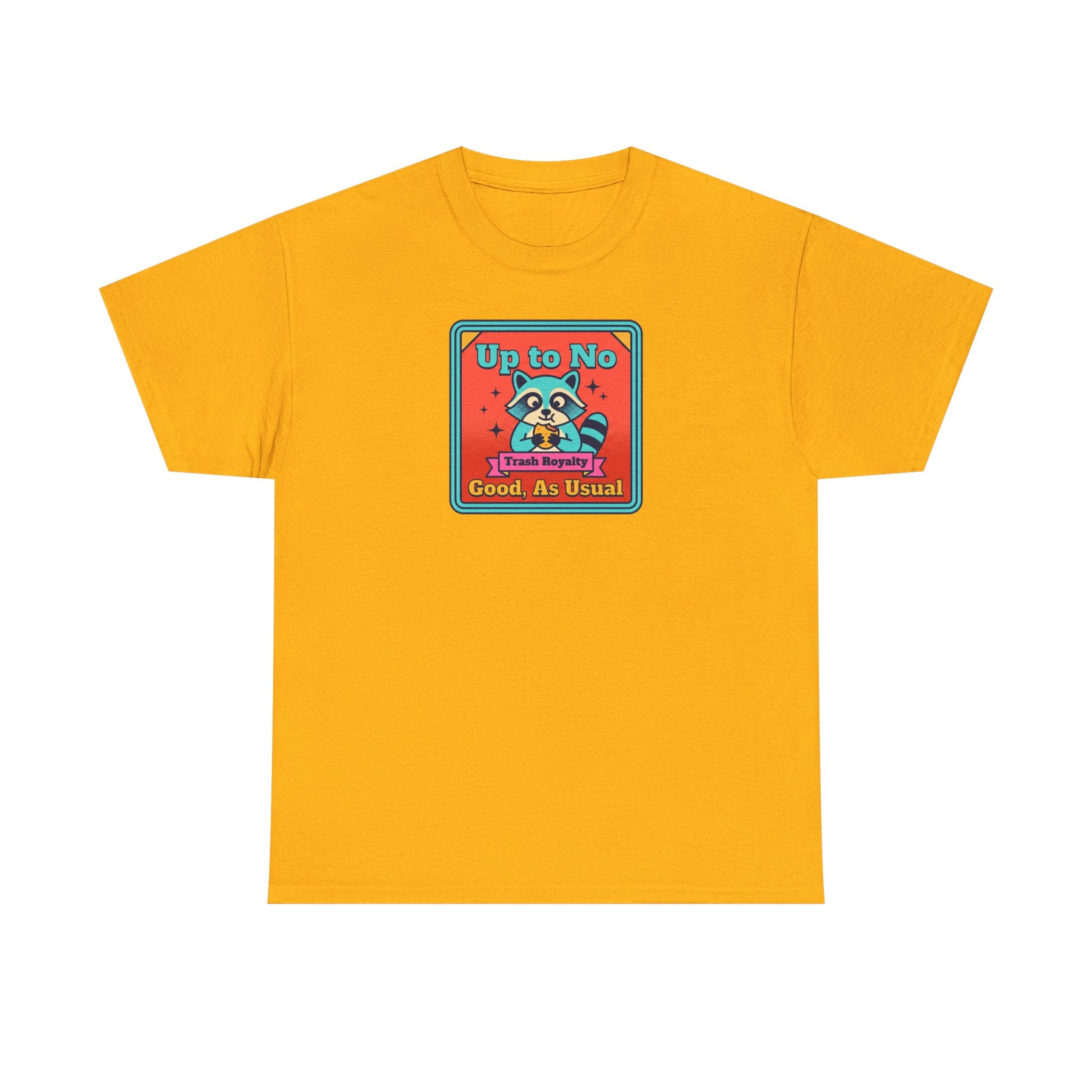 Orange T-shirt with small square raccoon graphic text “Up to No Good, As Usual”
