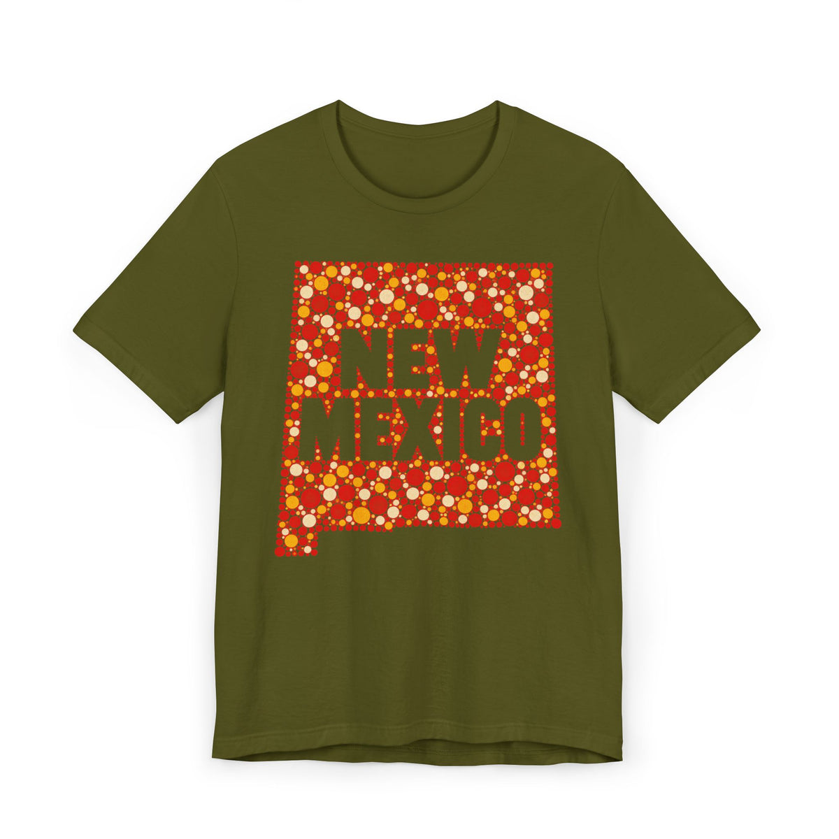 Olive green short-sleeve T-shirt with colorful “New Mexico” patterned graphic front.