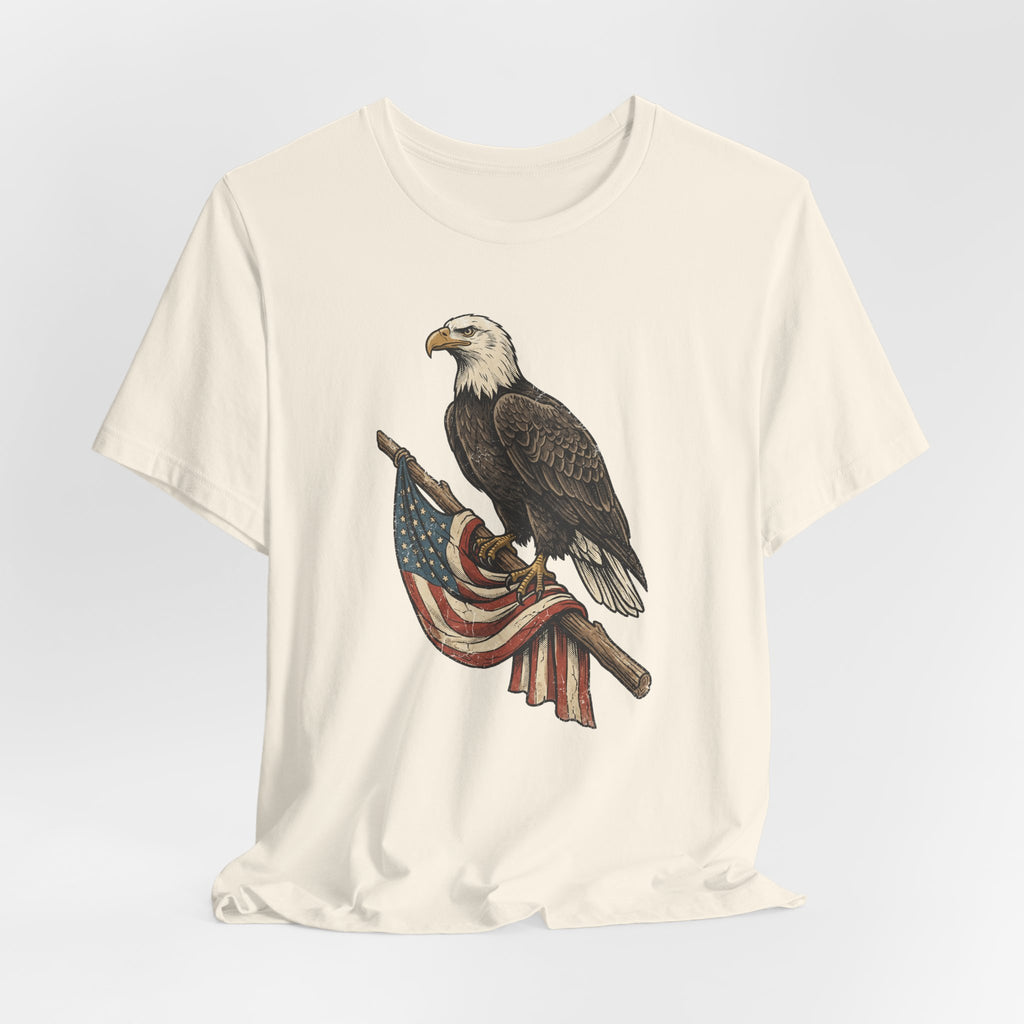 Natural cream bald eagle graphic t-shirt with flag ribbon print