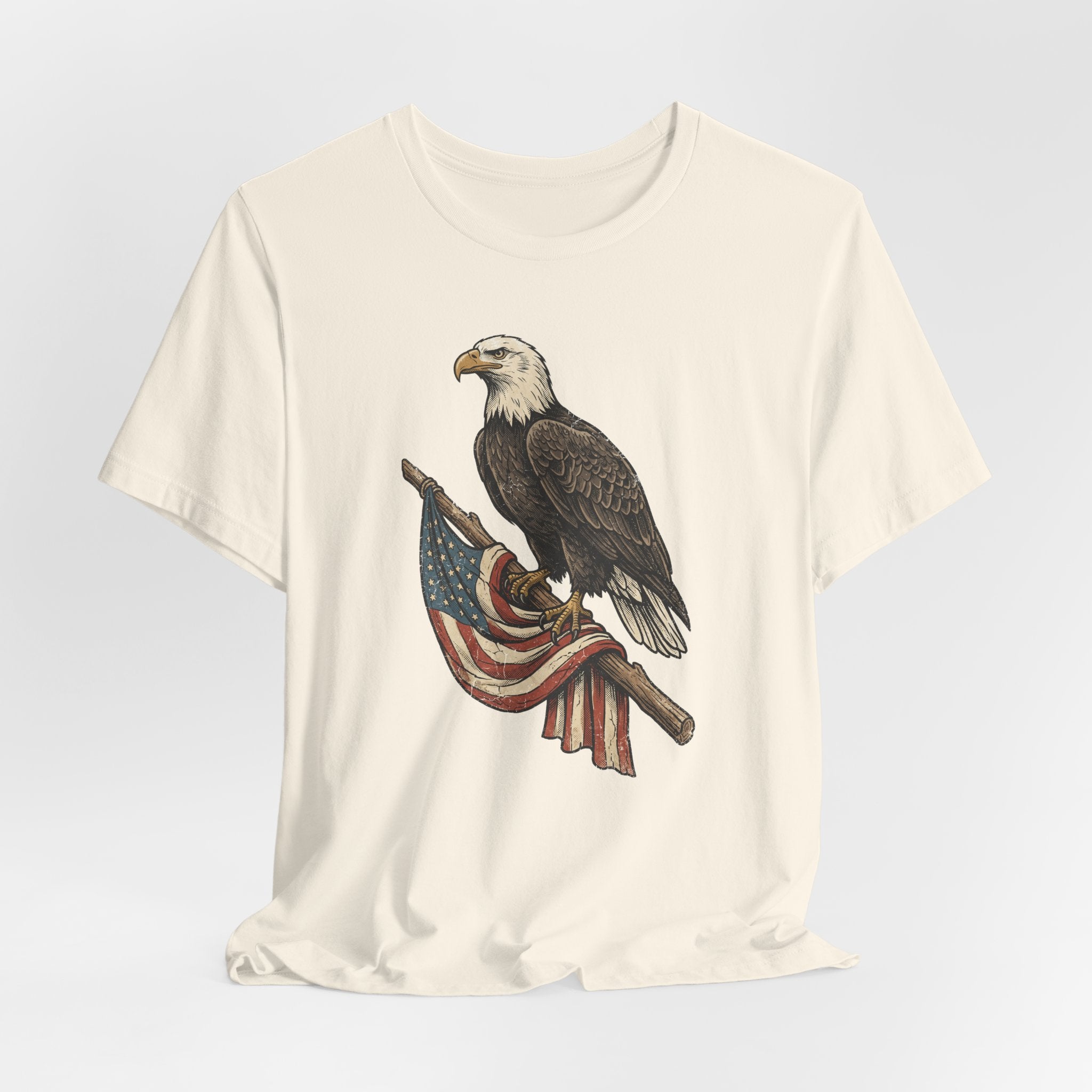Natural cream bald eagle graphic t-shirt with flag ribbon print