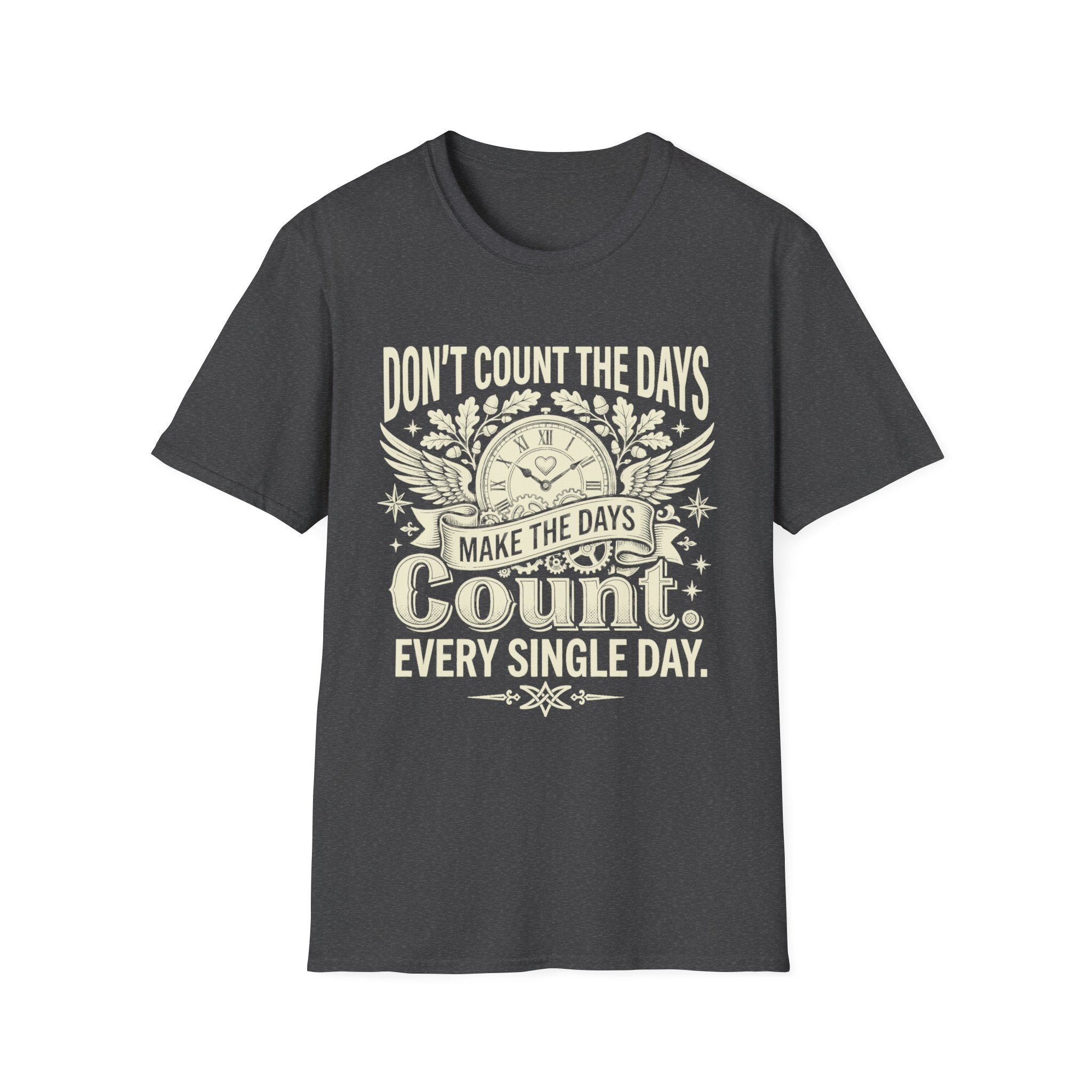 Dark heather T-shirt with clock graphic and quote: “Don’t count the days, make the days count.”