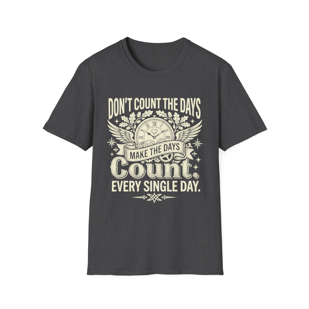 Dark heather graphic quote T-shirt with clock, wings, and quote: “Every single day.”