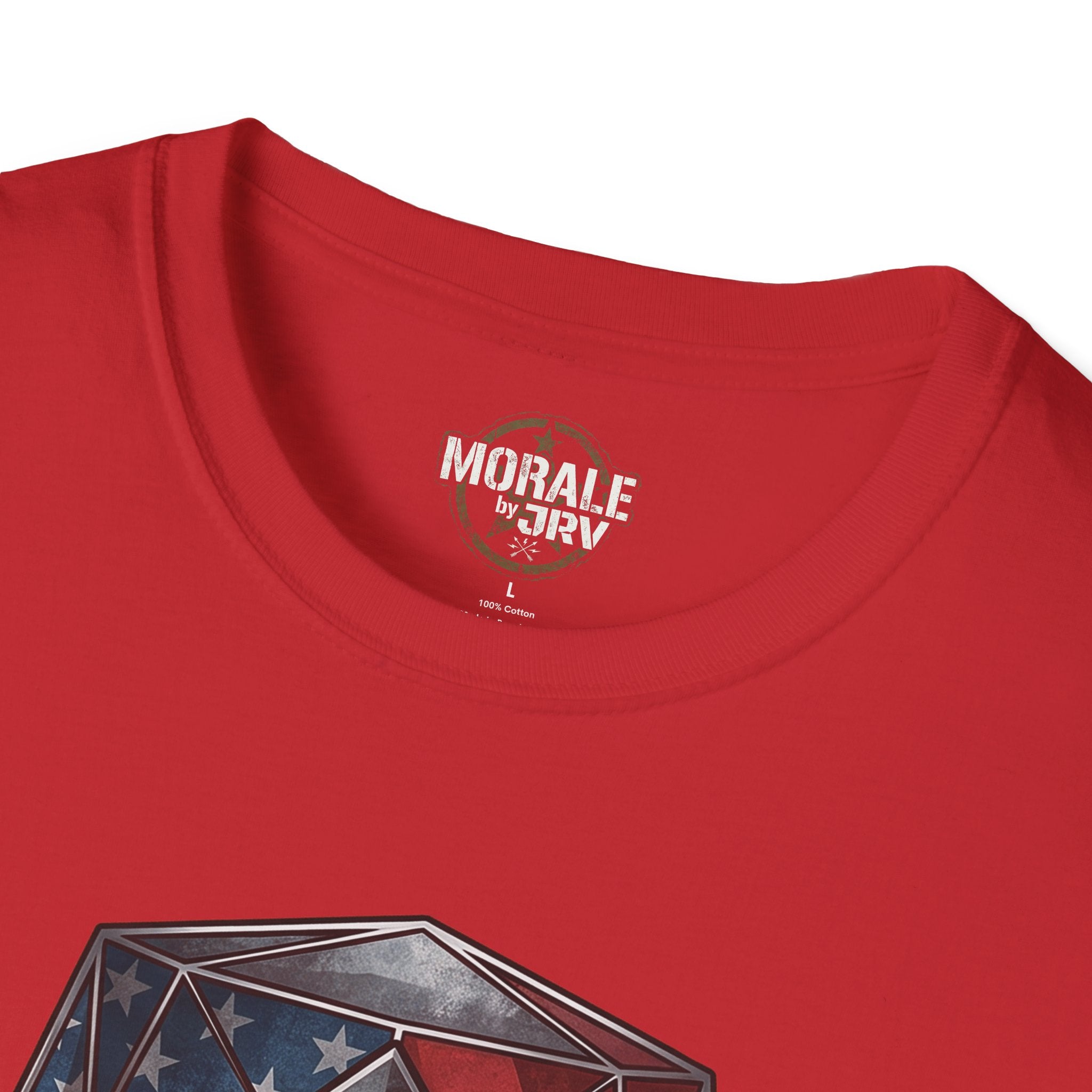 Red crew-neck collar with small chest label and part of the front design