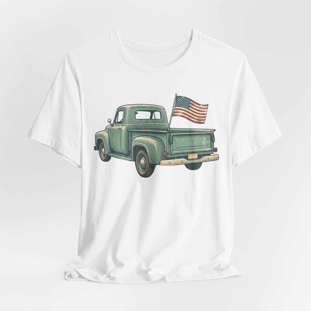 White crew-neck T-shirt with green pickup truck and American flag graphic