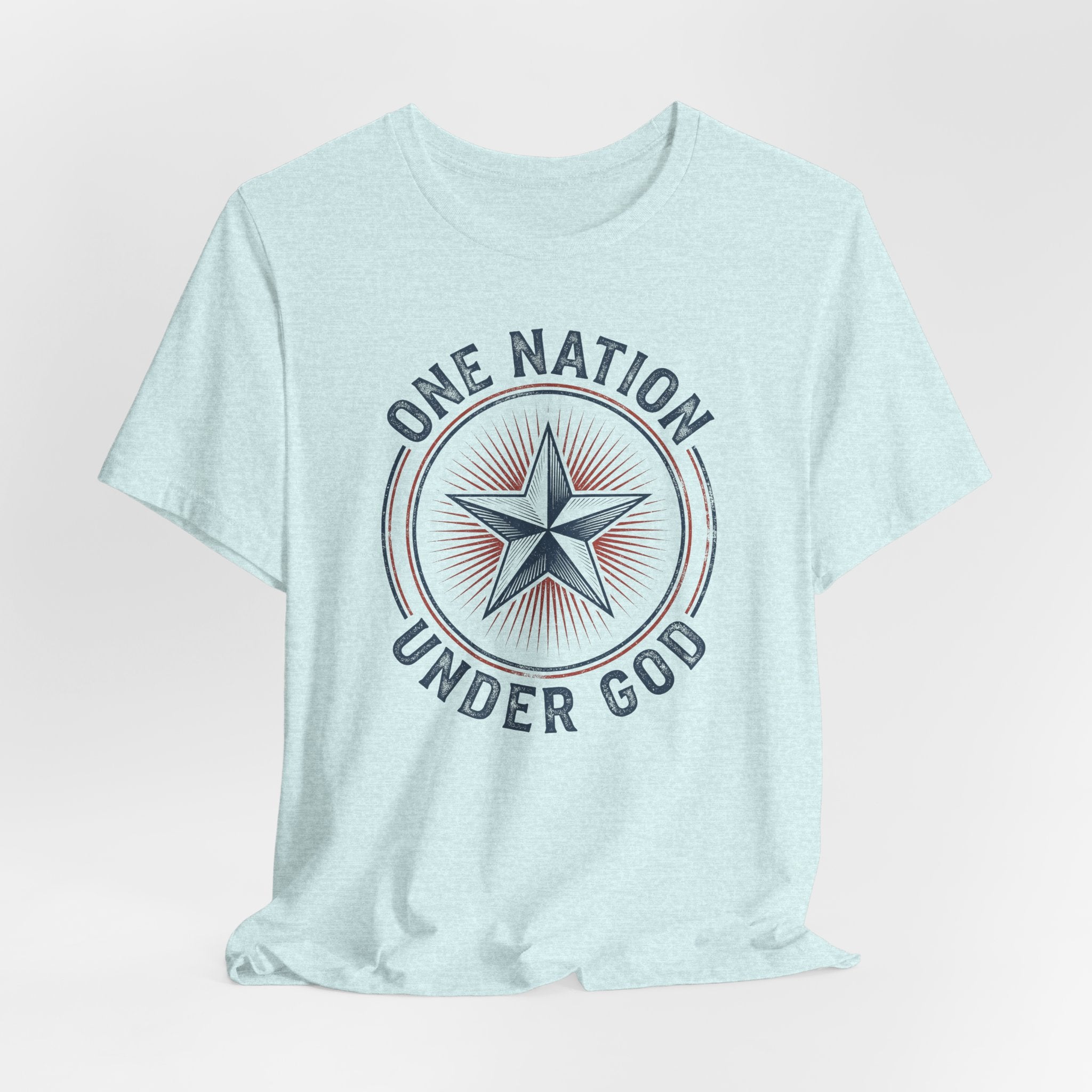 Light aqua t-shirt featuring a front circular star emblem with curved text.