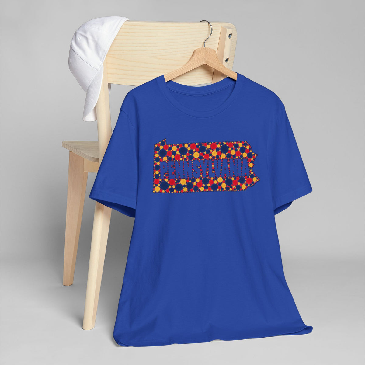 Royal blue T-shirt with colorful Pennsylvania floral map graphic