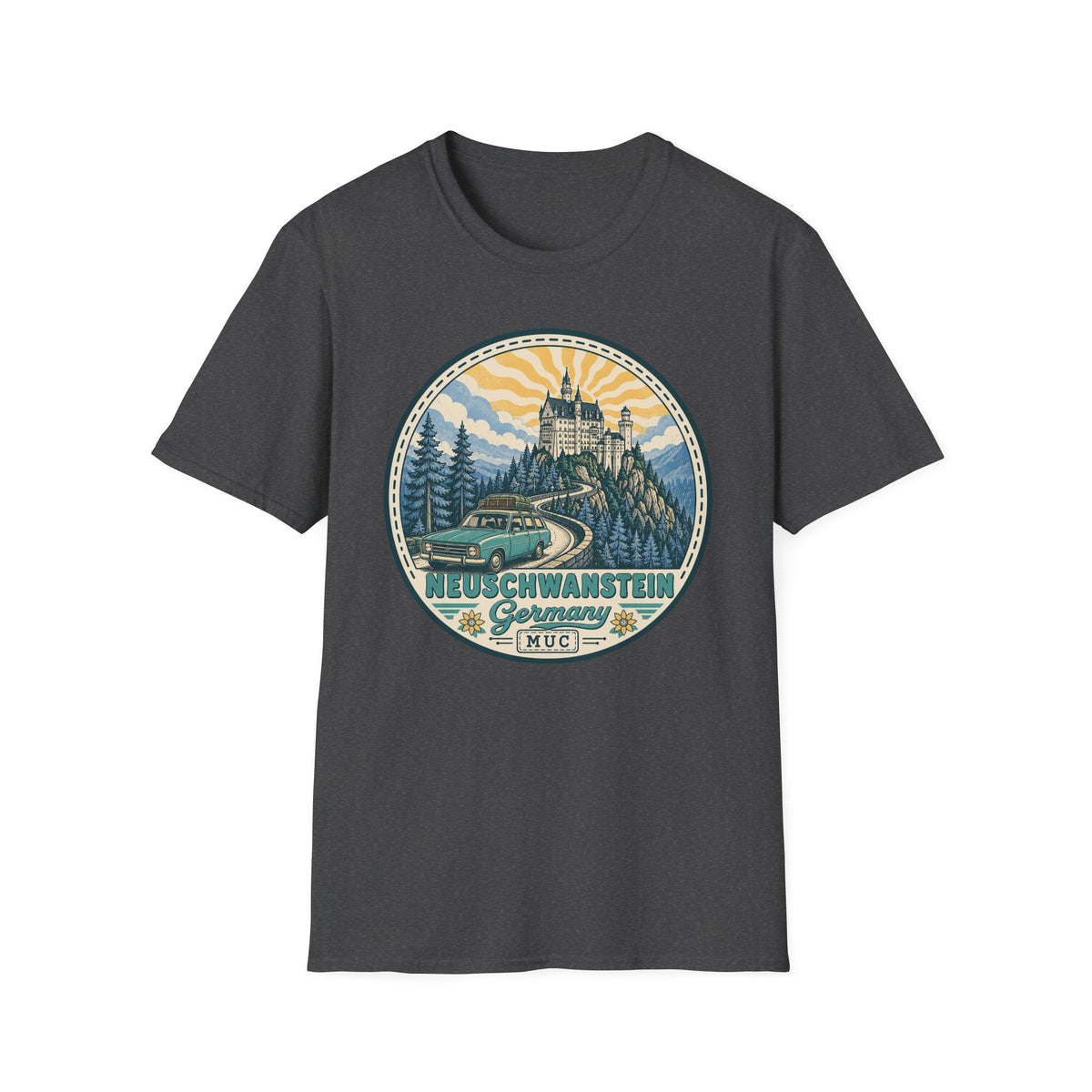 Charcoal T-shirt with round Neuschwanstein castle illustration graphic on the chest