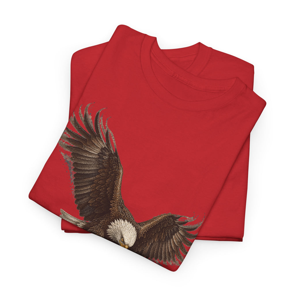 Red crew-neck short-sleeve T-shirt with distressed eagle graphic at hem