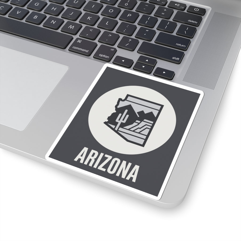 Arizona badge sticker with desert cacti icon, white circle, and ARIZONA text in dark square