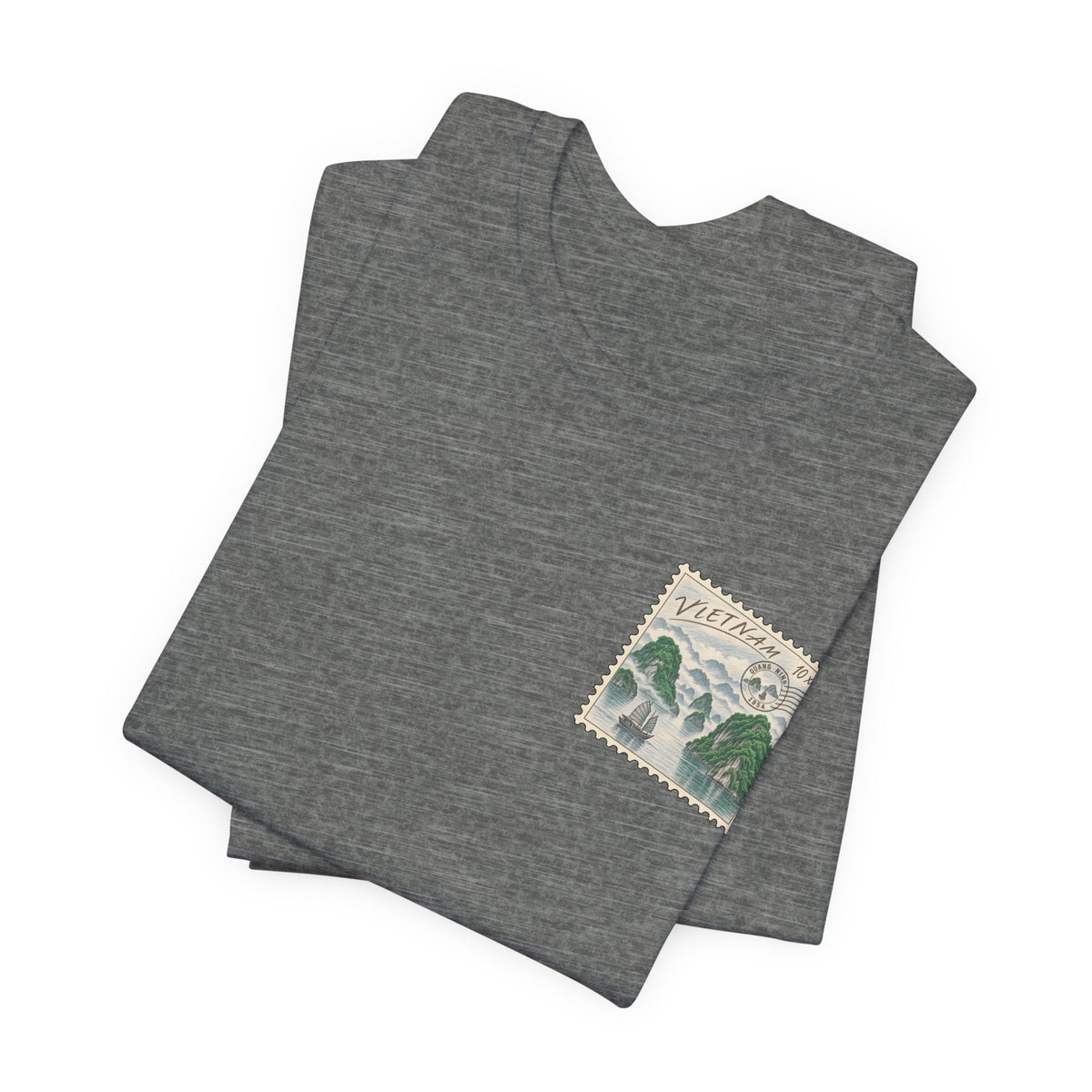 Heather gray T-shirt set with small Vietnam postage stamp-style chest graphic