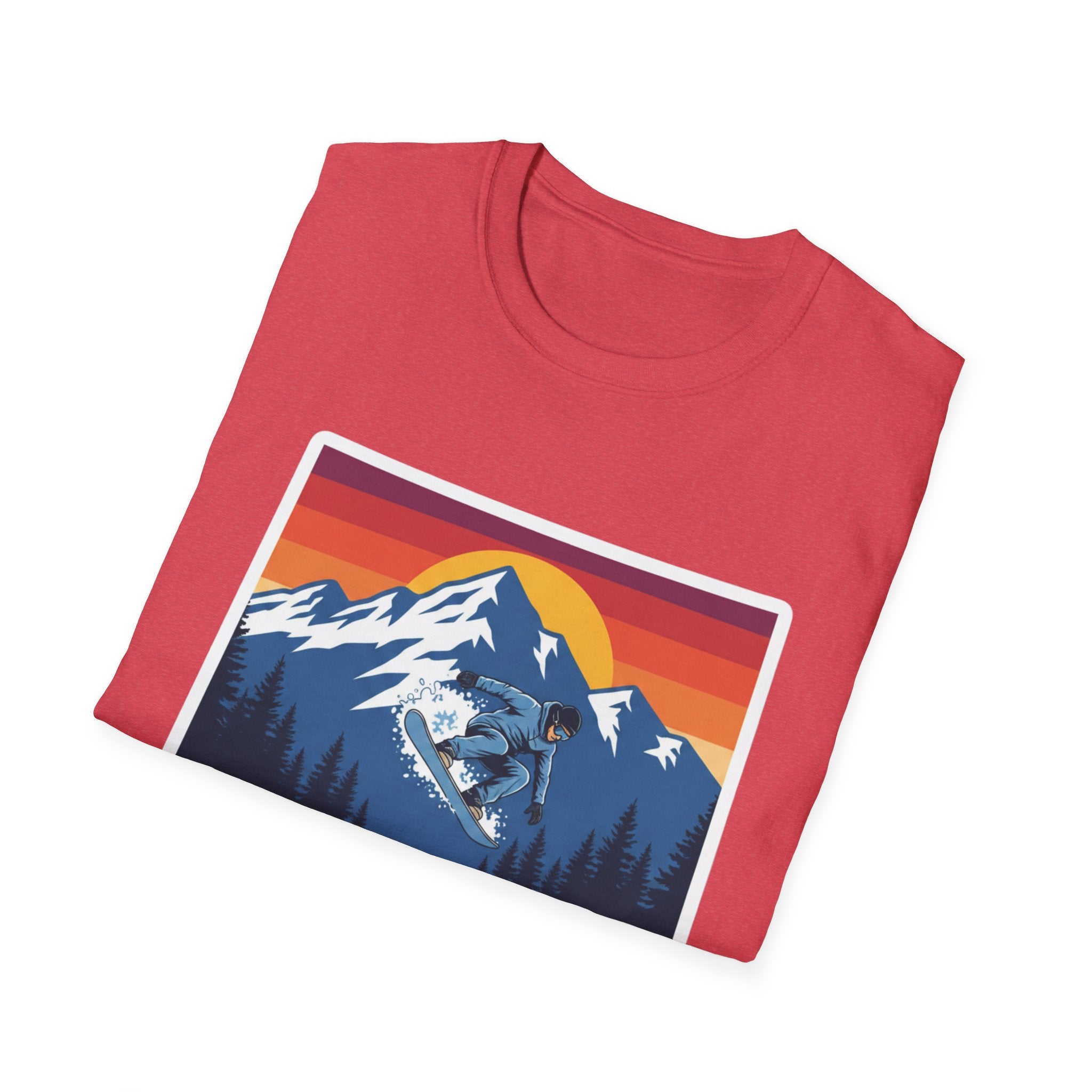 Heather red T-shirt with mountain sunset graphic on the front