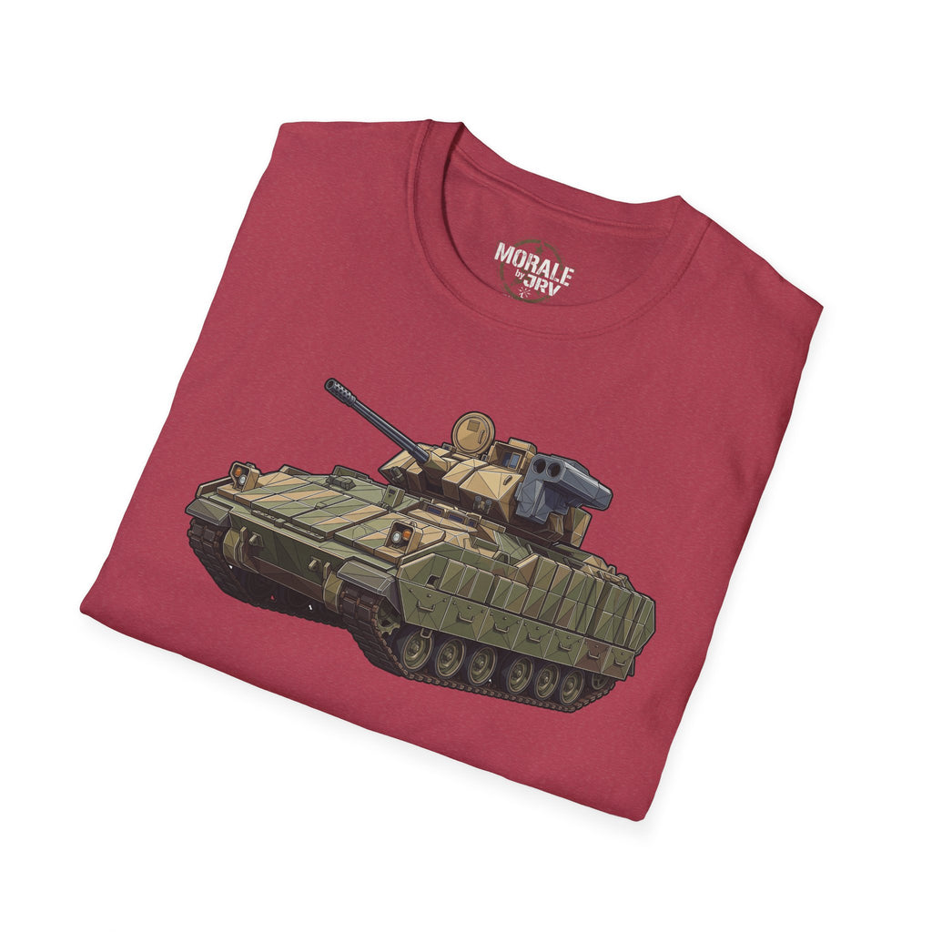 Dark red T-shirt with full front tank illustration graphic