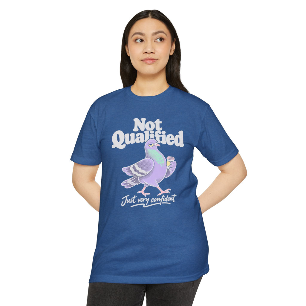Blue crewneck T-shirt with colorful pigeon graphic and “Not Qualified” text front