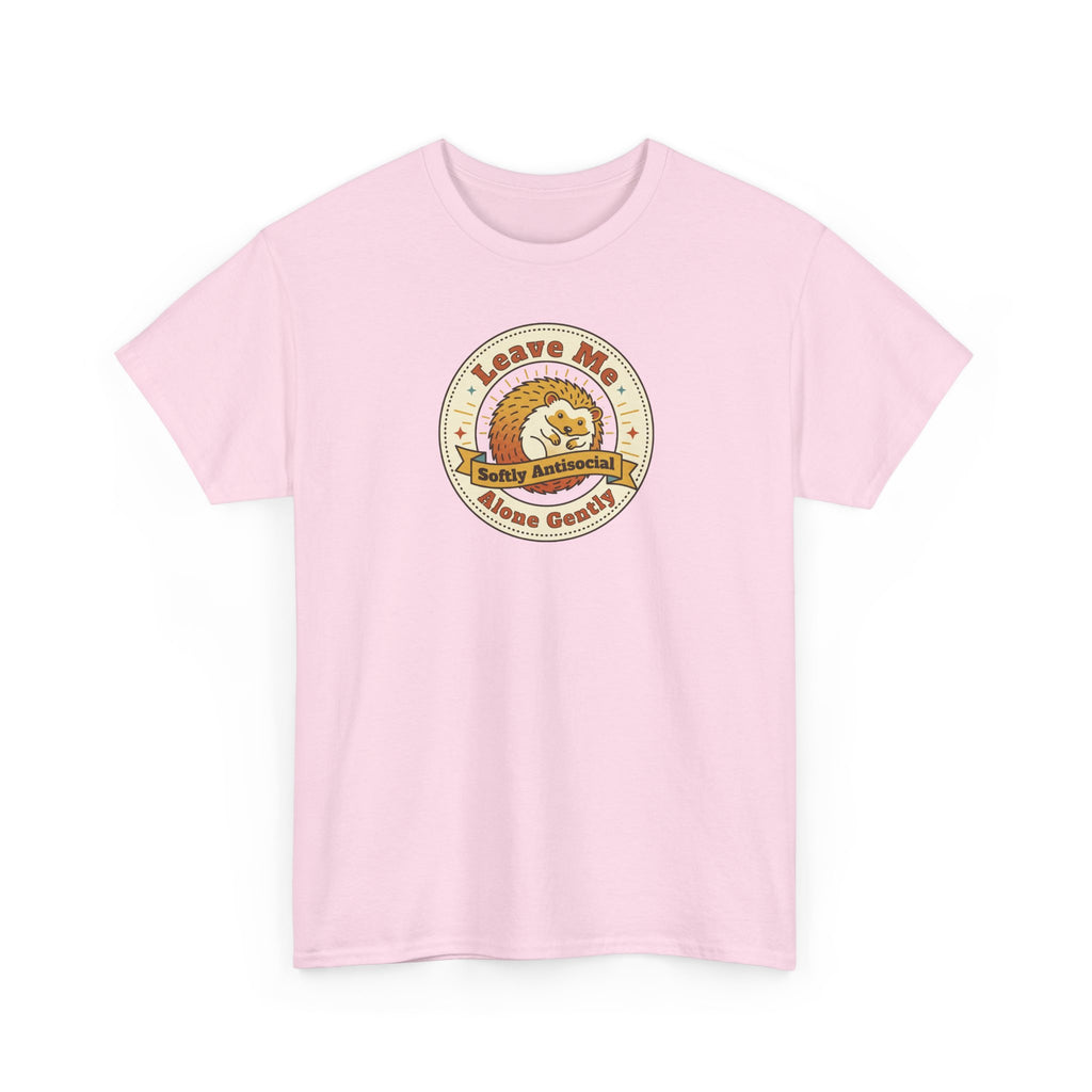 Light pink crewneck t-shirt with circular badge graphic on front